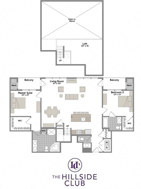 Floor plan for 2 beds, 2 baths, 1831 sqft